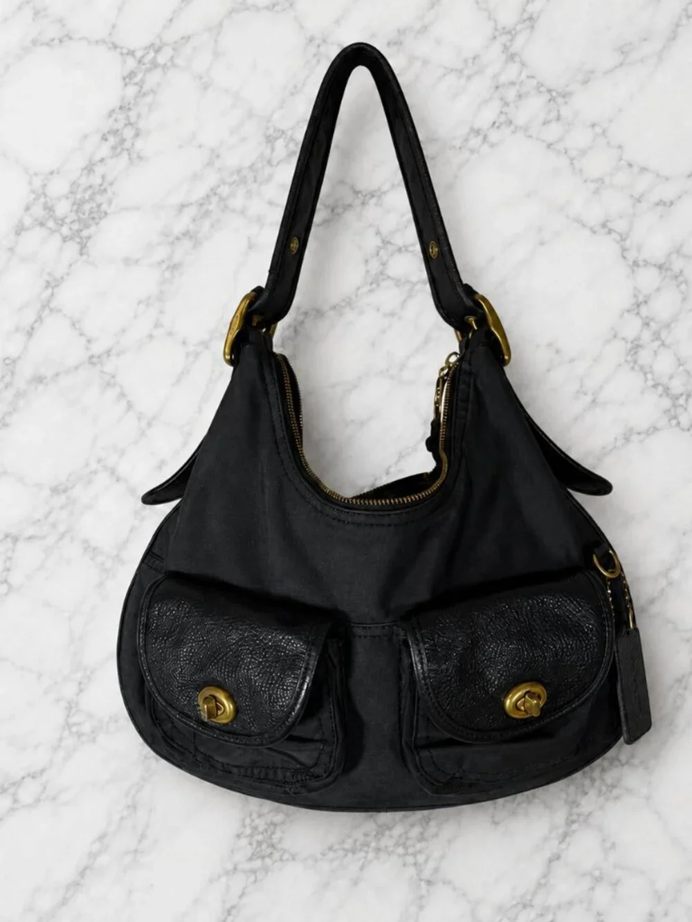Coach Cargo Hobo Bag Black Nylon Pebble Leather Floral Rose Lining 3171